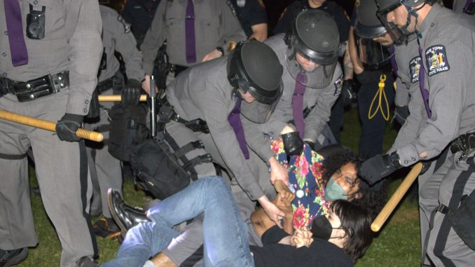 Officers arrested demonstrators when they refused to disperse from the Parker Quad encampment (Photo courtesy of Dylan Murphy).