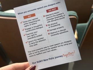 A flyer with the university’s free speech policies that faculty distributed to attendees at a recent political event on campus.