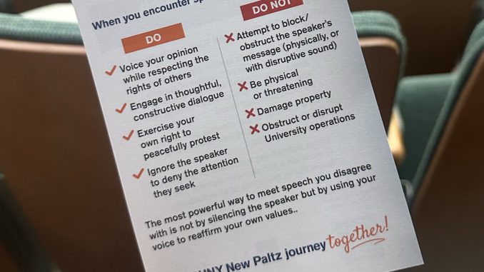 A flyer with the university’s free speech policies that faculty distributed to attendees at a recent political event on campus.